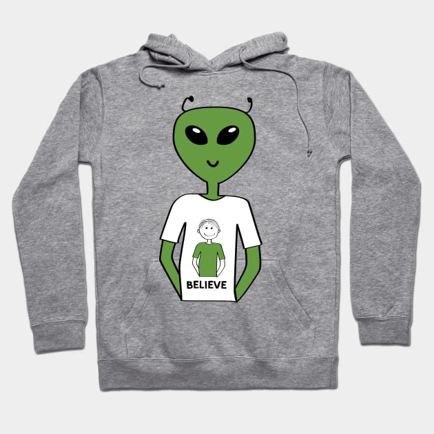 "Believe" T-shirt with Alien Wearing a T-shirt with a Human (Guy) Hoodie by Markadesign
